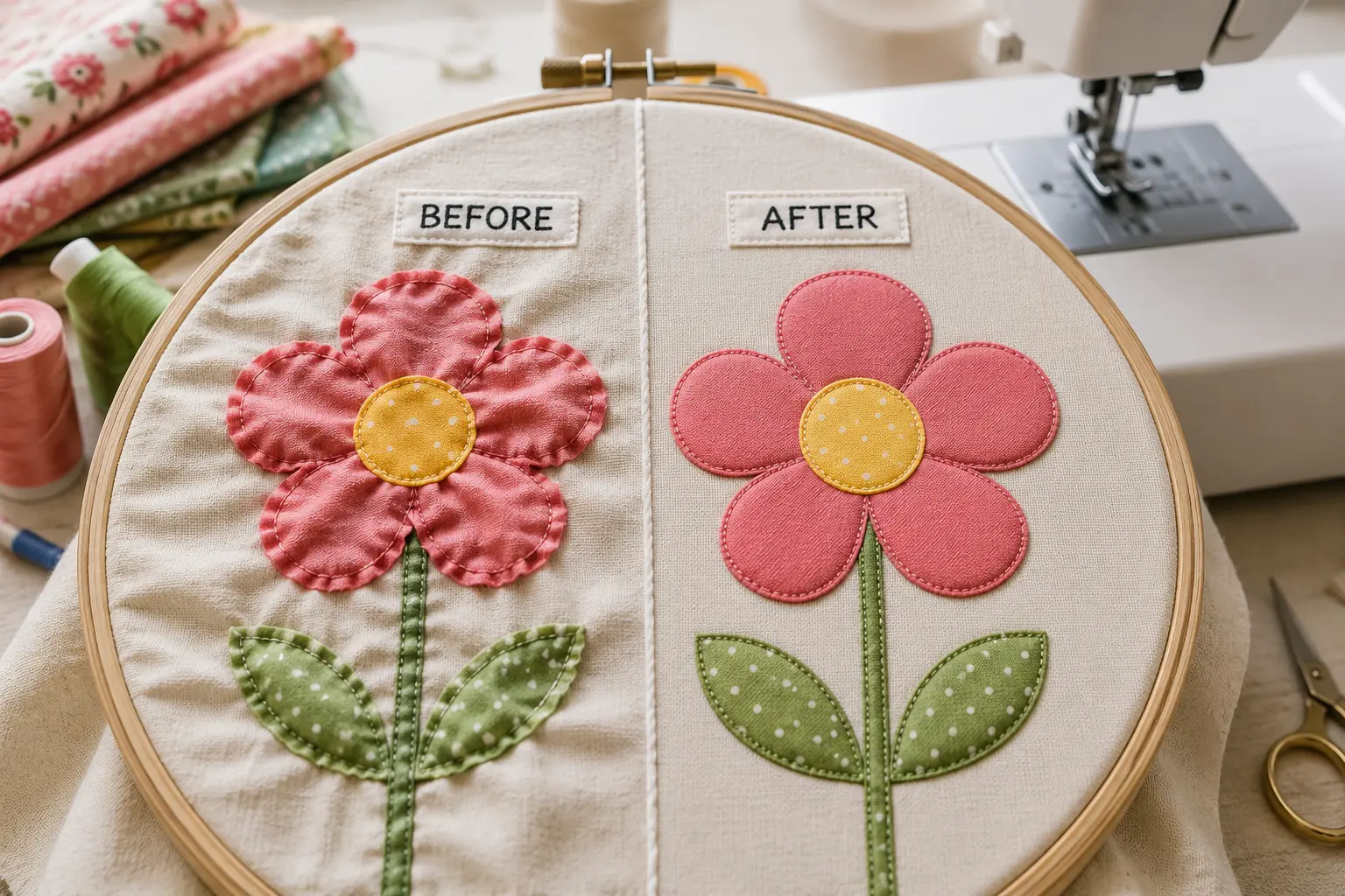 A close-up of wrinkled applique fabric on a sewing project