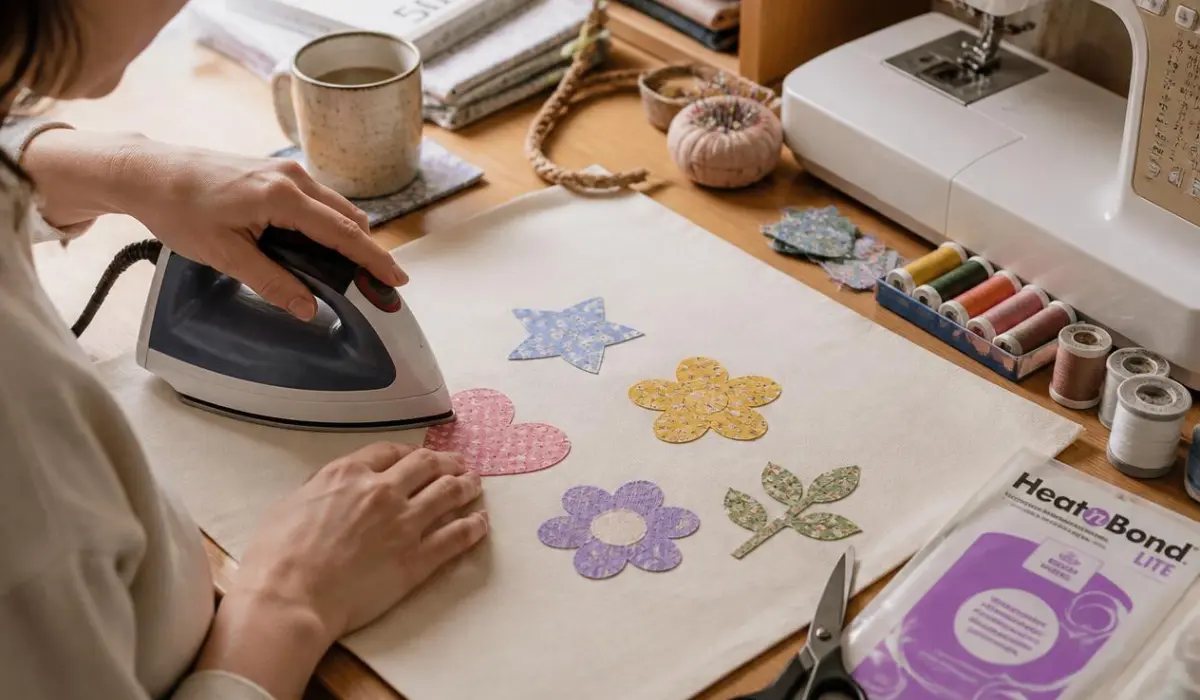 sewing workspace showing a beginner doing apliquet on cotton fabric