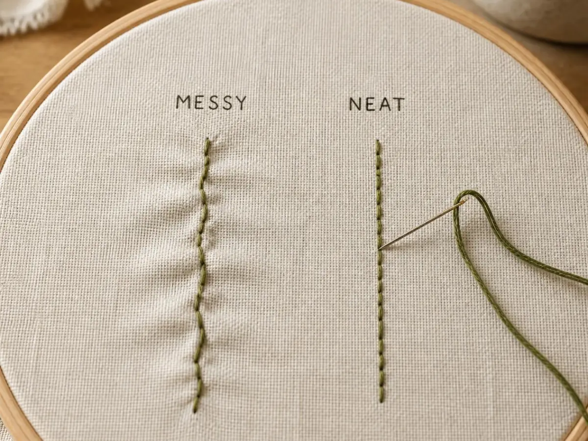 A detailed close-up of hand embroidery in an embroidery hoop showing a side-by-side comparison of messy and neat backstitch