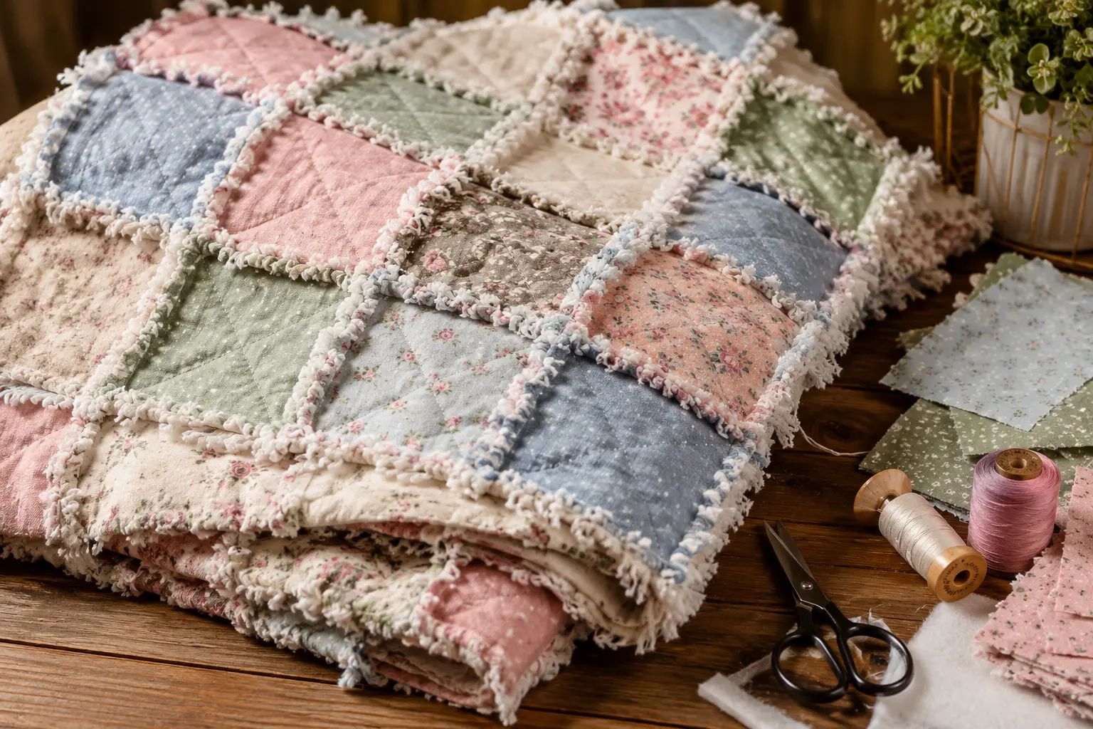 A cozy handmade rag quilt with visible batting layers and soft frayed seams