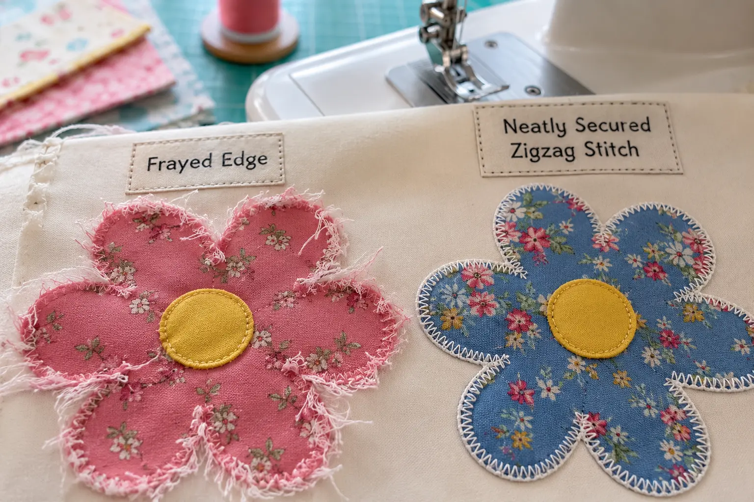 Close-up of applique fabric showing frayed edges with loose threads next to clean edges secured with zigzag stitching on colorful cotton fabric, sewing machine in background
