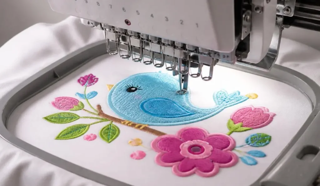 Embroidery machine working on applique design