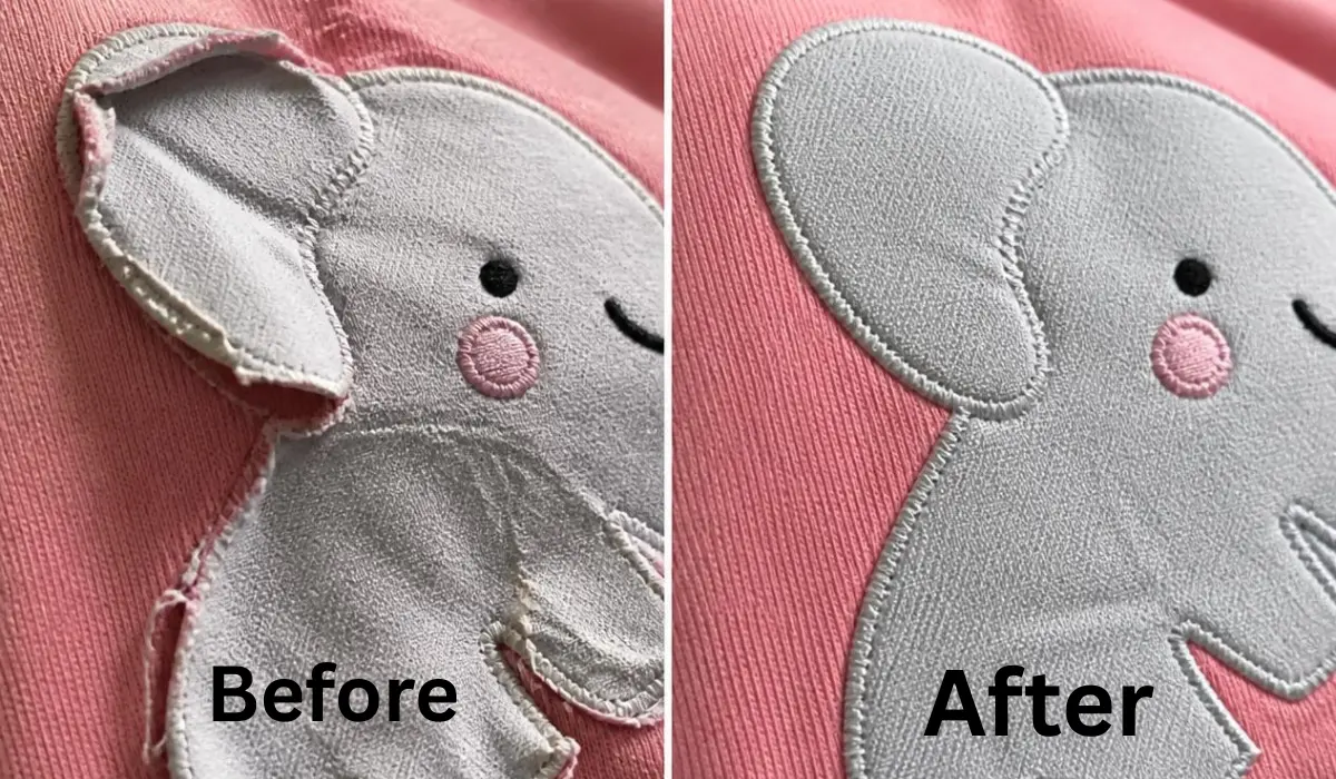 Before and after comparison of peeling applique repair on fabric