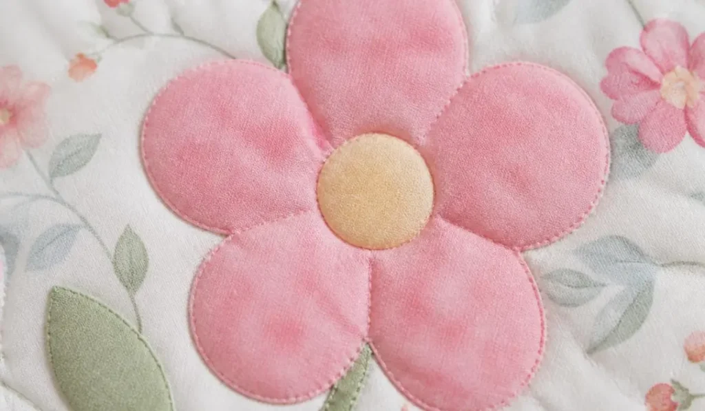 Close-up of fused applique flower stitched with very fine zigzag stitch