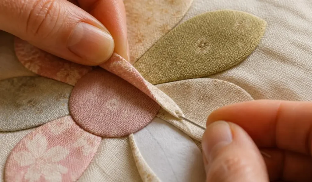 Close-up of a person hand-sewing a flower applique onto fabric using needle-turn applique technique