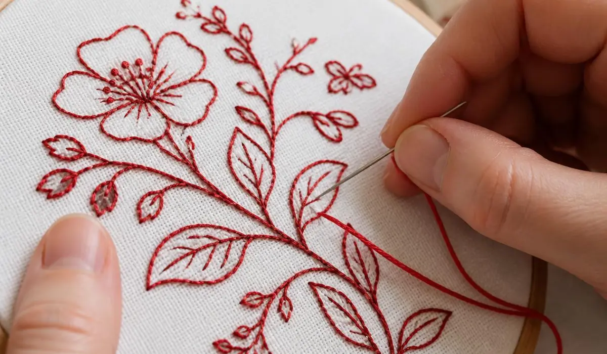 Hands stitching redwork embroidery on white cotton fabric with vibrant red thread