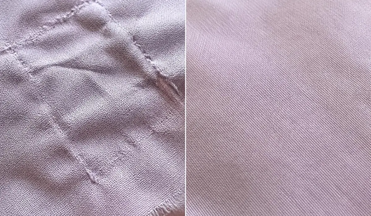 A split-screen before and after comparison of fabric after applique removal