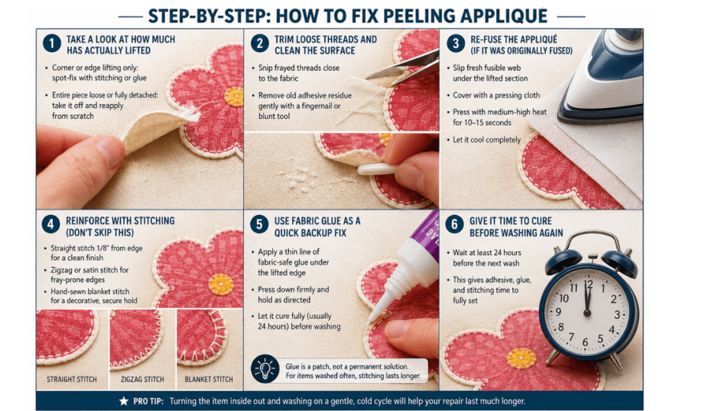 A detailed step-by-step infographic showing how to fix peeling appliqué on fabric. The image is divided into six labeled sections, each illustrating a stage of the repair process. It begins with assessing how much of the appliqué has lifted, followed by trimming loose threads and cleaning old adhesive residue. The next steps demonstrate re-fusing the appliqué with heat, reinforcing it with stitching techniques like straight, zigzag, and blanket stitch, and applying fabric glue as a backup fix. The final section highlights the importance of allowing the repair to cure for at least 24 hours before washing. Each panel features close-up views of cotton fabric, sewing tools, and hands performing the repair, captured in soft natural lighting with high-detail texture in a realistic crafting workspace.