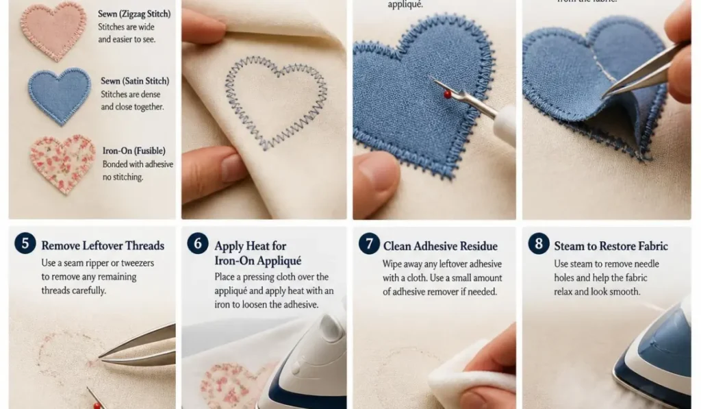 A step-by-step infographic style image showing how to remove appliqué safely from fabric