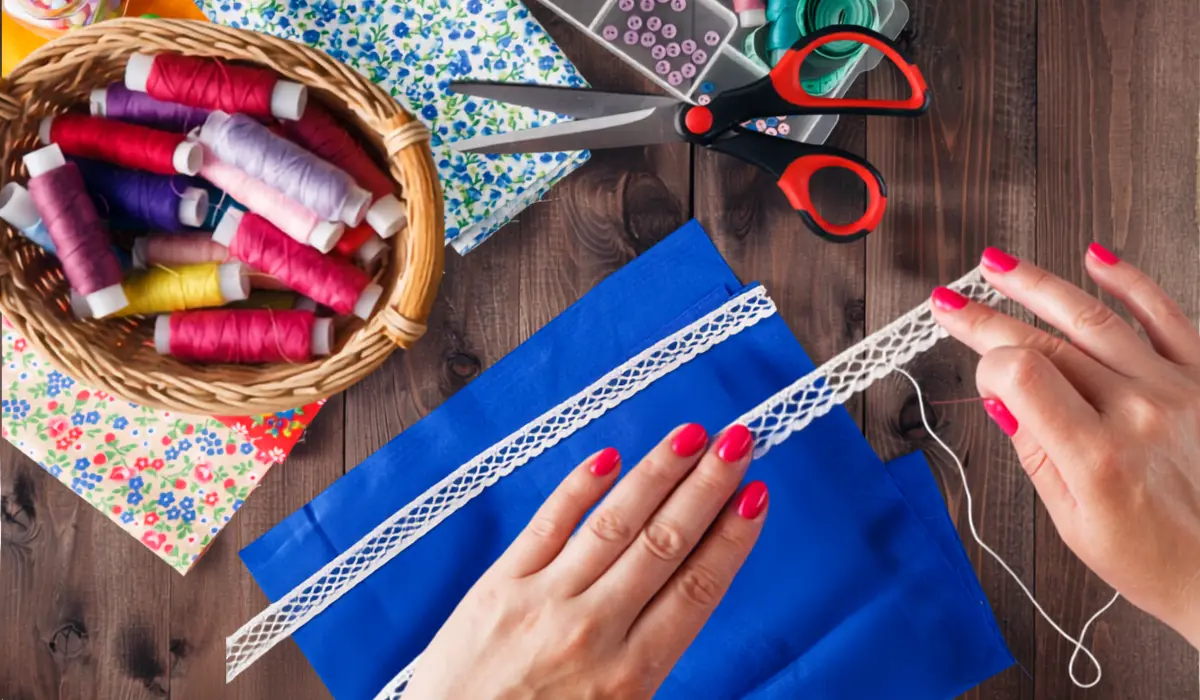 A realistic close-up of a person gently pressing a handmade quilt with an iron set to low heat.