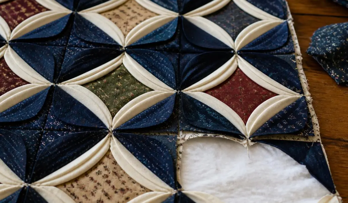 cathedral window quilt with batting showing folded fabric layers