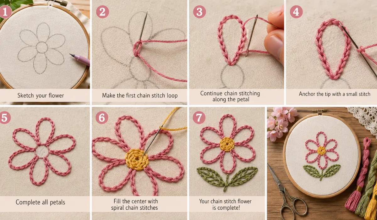 step-by-step process of creating a flower with chain stitch embroidery