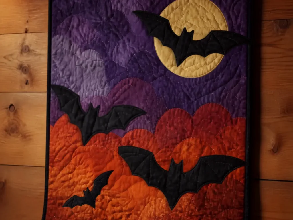 Halloween applique quilt with black bats realistic fabric stitching wall hanging