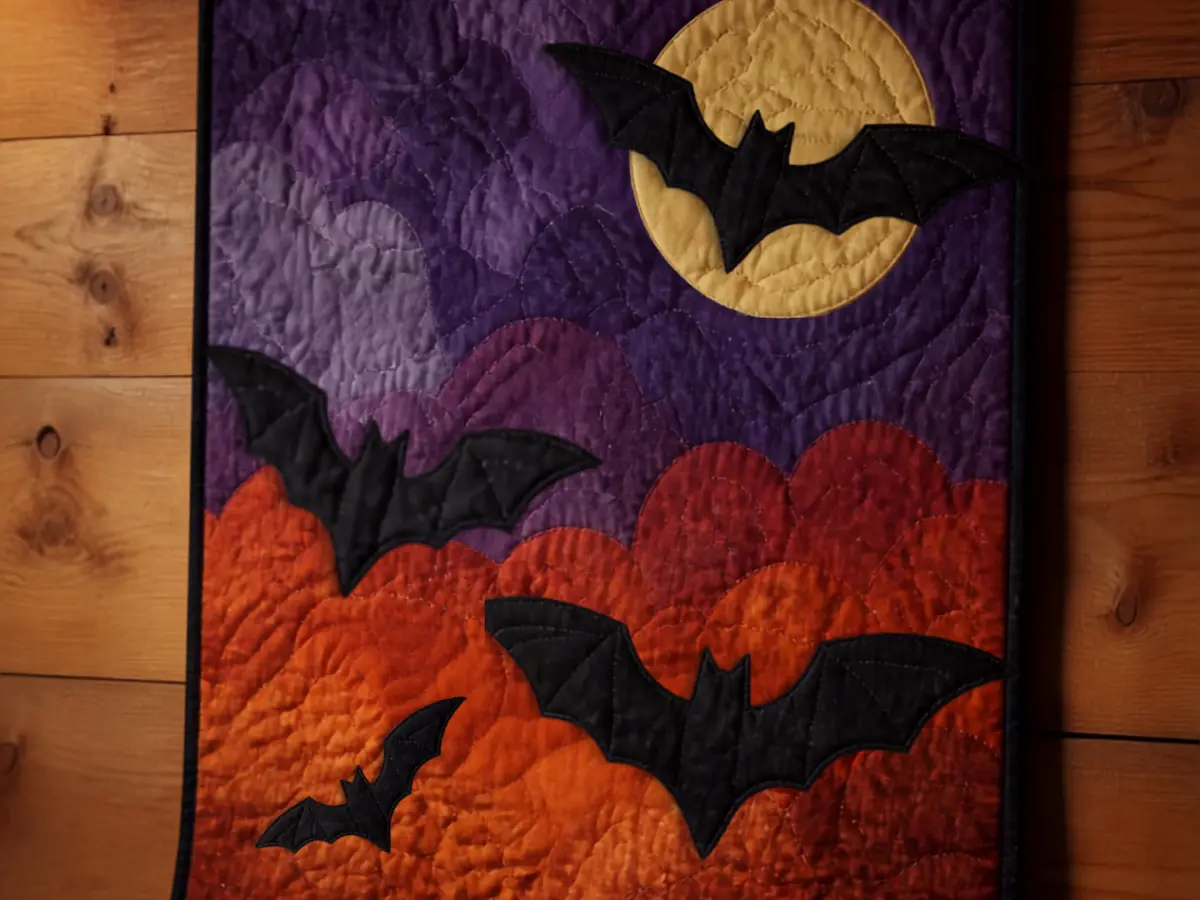 Halloween applique quilt with black bats realistic fabric stitching wall hanging