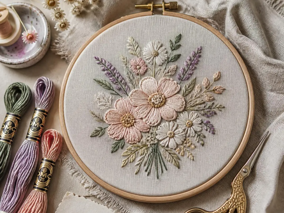 beautifully styled flat lay of decorative embroidery with a wooden hoop featuring a delicate floral design