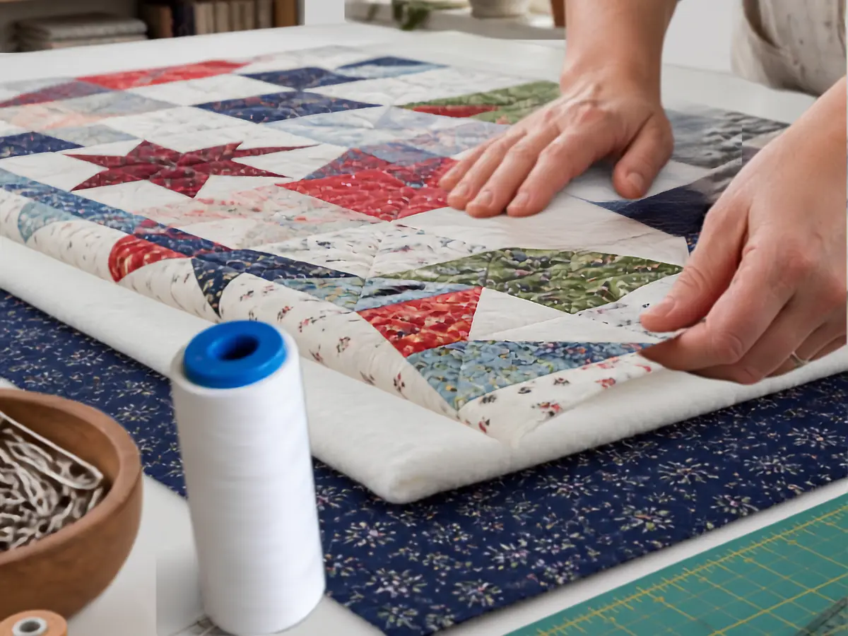 assembling quilt sandwich with batting layers smoothing fabric quilting process