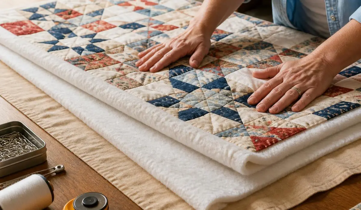 cozy quilting workspace showing the process of finishing a quilt