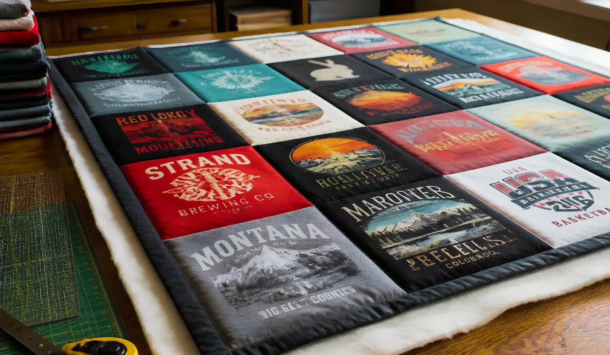 t-shirt quilt with batting layered and stabilized fabric blocks