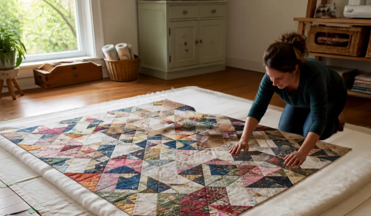 Quilt sandwich layering with backing, batting, and quilt top