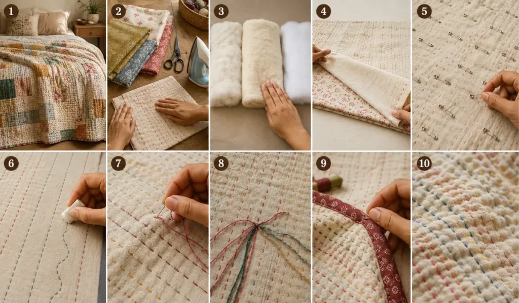 How to Make a Kantha Quilt With Batting (Step-by-Step Tutorial)