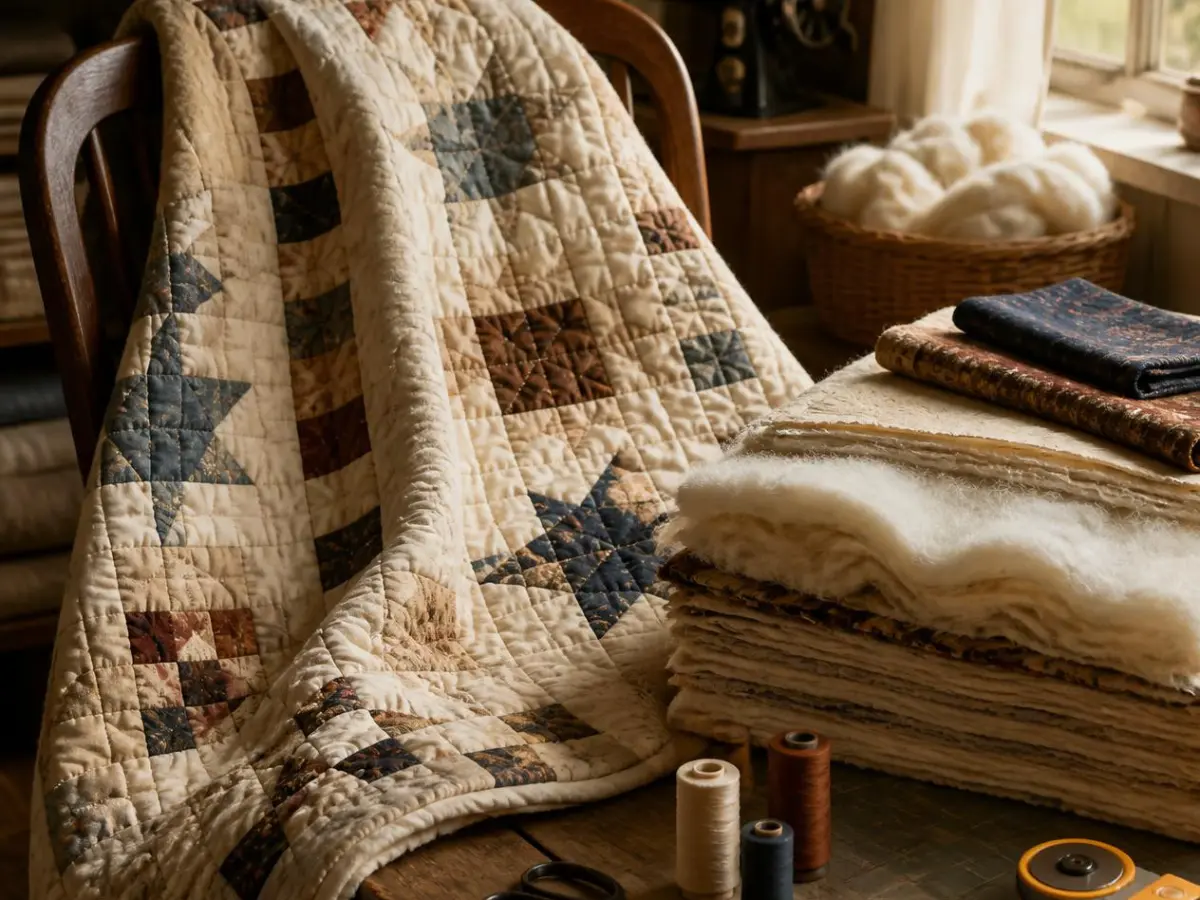 cozy sewing room scene featuring a handmade quilt made with wool batting