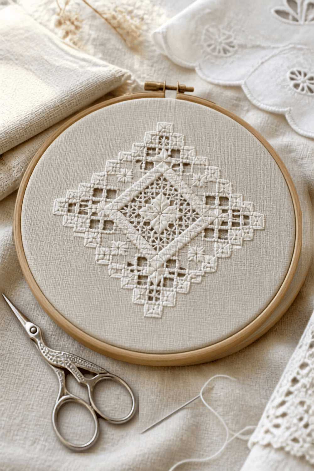 Delicate white Hardanger embroidery on even-weave linen