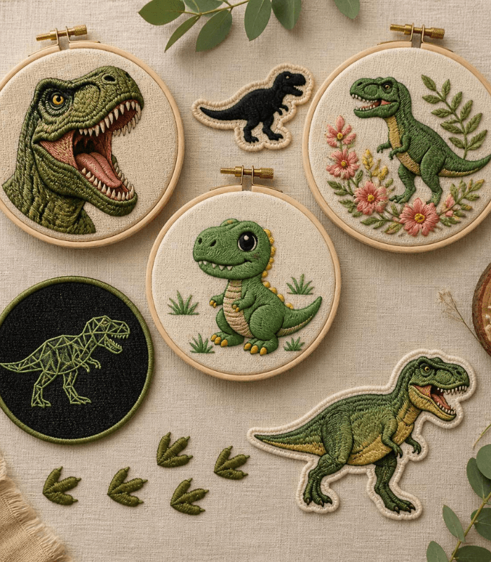 T-Rex designs displayed on neutral linen fabric