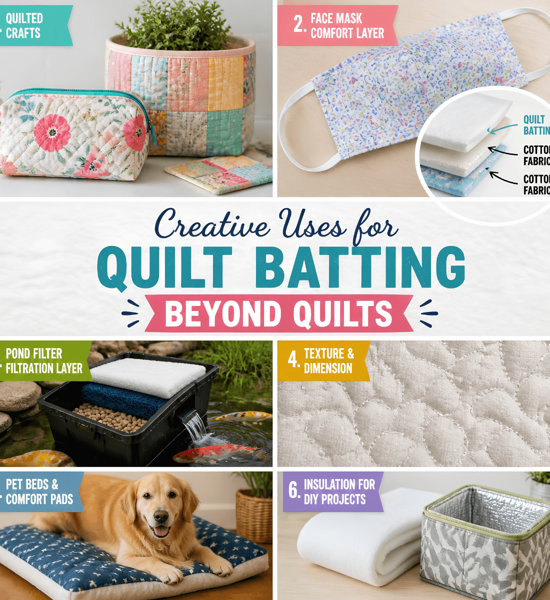 Collage of creative projects using quilt batting, including quilted placemats, oven mitts, storage baskets, patchwork bags, and small quilted crafts.
