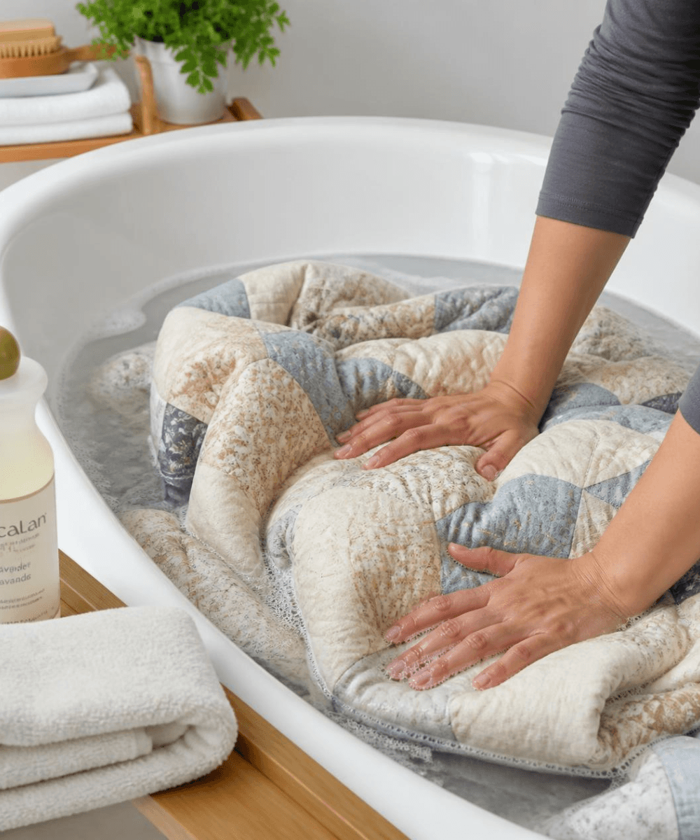 Washing a handmade quilt with wool batting in a bathtub using gentle hand washing method and mild detergent