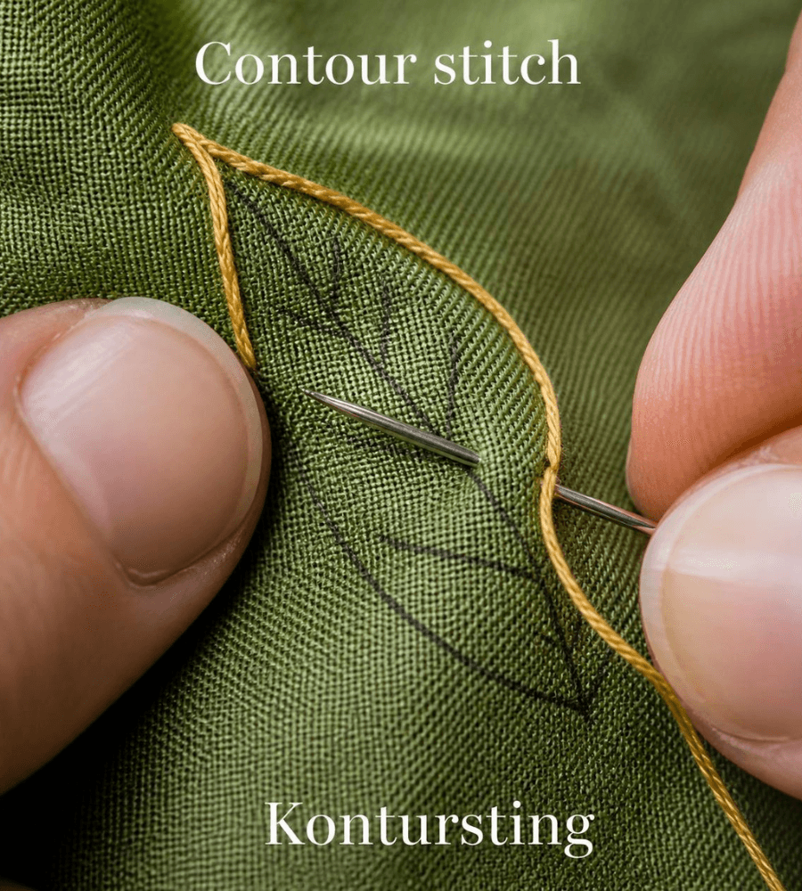 Hands doing contour embroidery stitch on green fabric