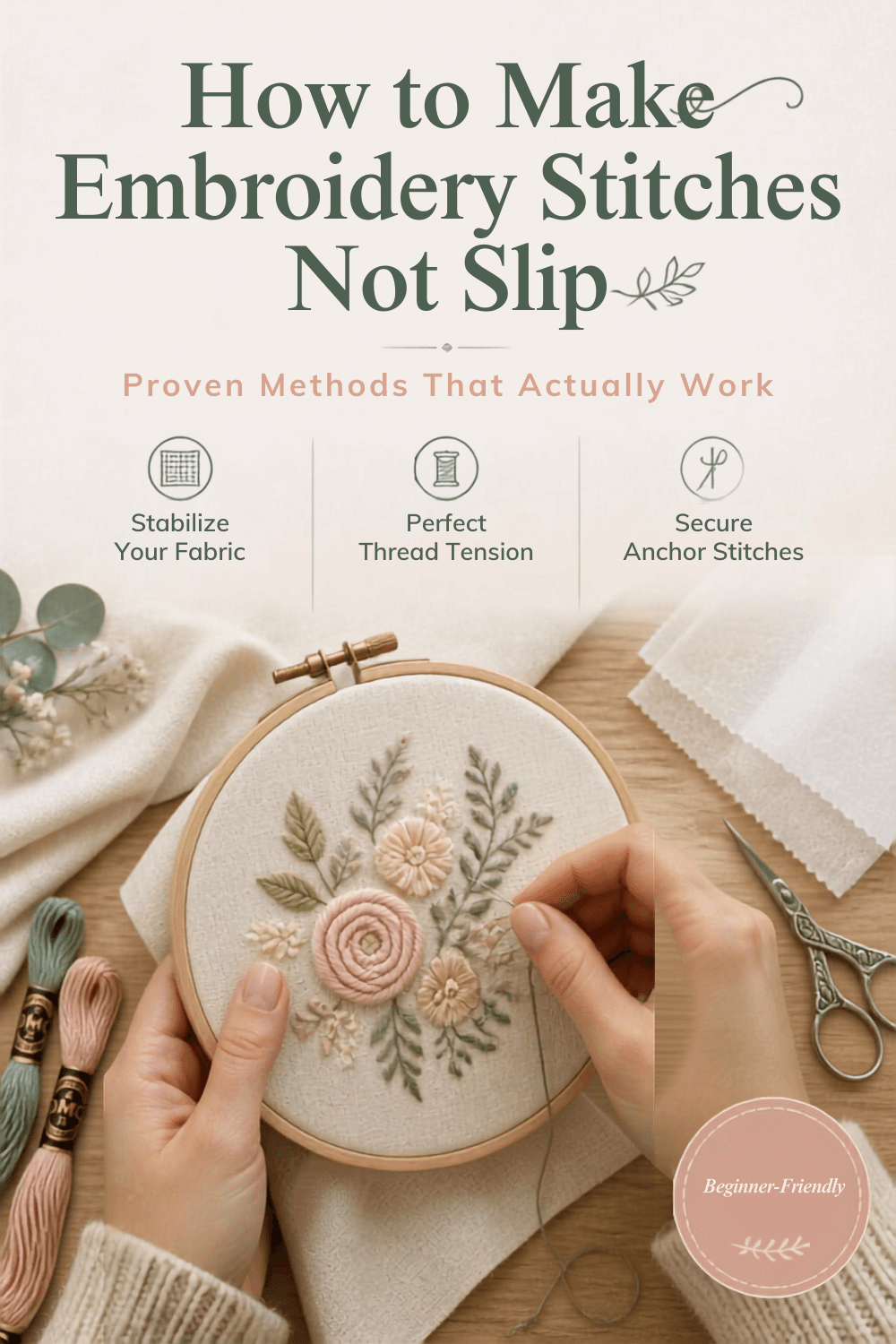 How to make embroidery stitches not slip using proper stabilization, thread tension, and secure anchoring.