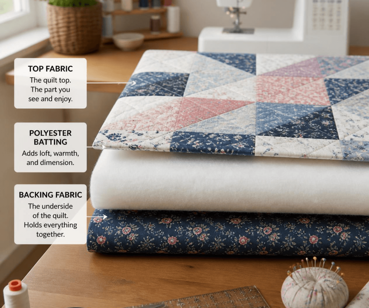 Quilting With Polyester Batting Showing Quilt Sandwich Layers And Stitching Technique