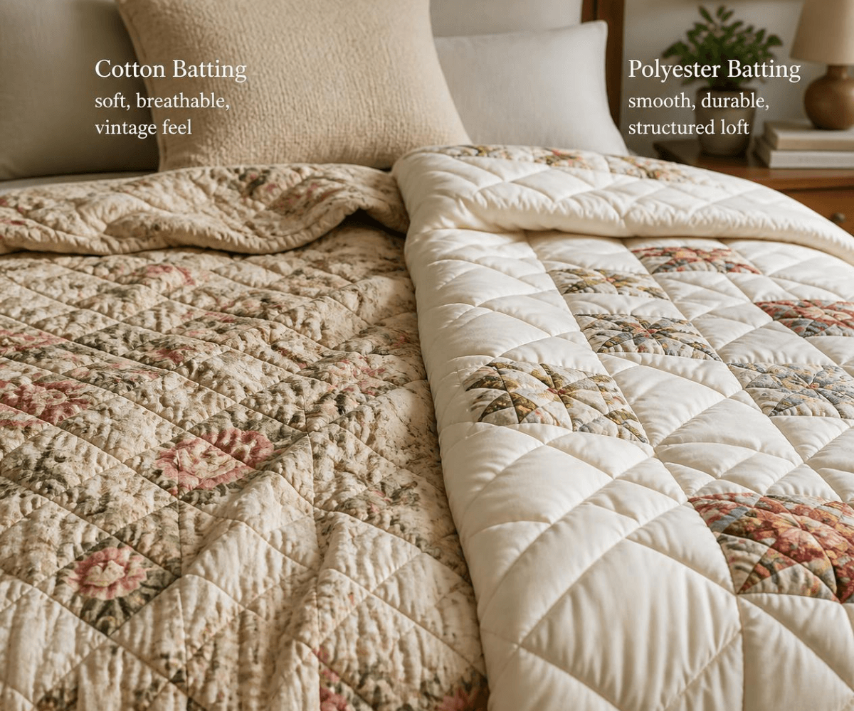quilting with polyester batting comparison showing smooth puffy polyester quilt vs crinkled cotton quilt texture