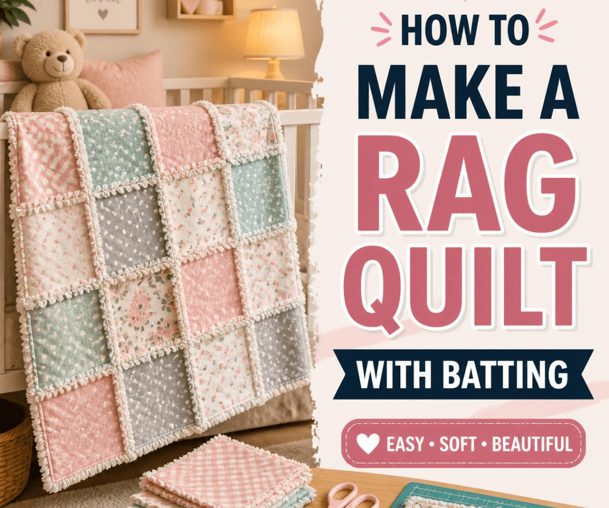 Rag Quilt Tutorial With Batting Showing Frayed Seams And Patchwork Quilt Squares In Soft Pastel Colors