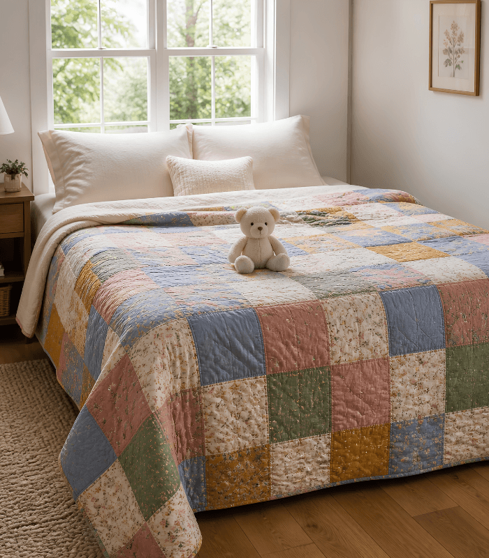 Simple square quilt pattern with colorful fabric squares on a bed
