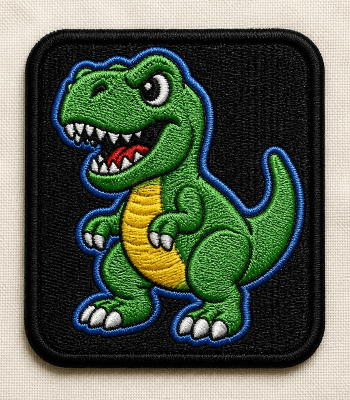 embroidered patch of a cartoon dinosaur (T-Rex)