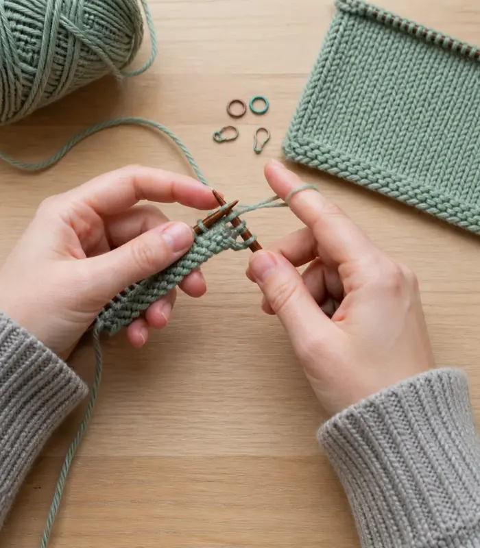 Hands demonstrating how to start a knitting project step by step