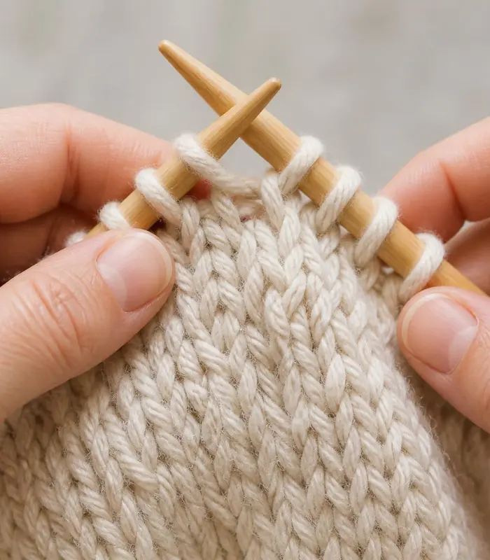 Knit and purl stitches demonstrated with knitting needles and yarn