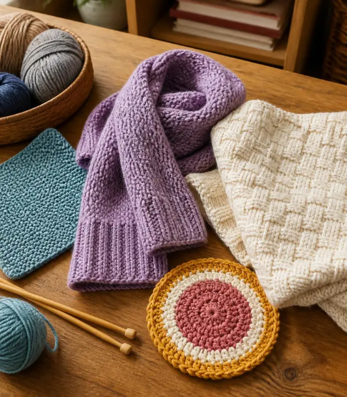 Easy knitted projects including a scarf, dishcloth, blanket, and coaster