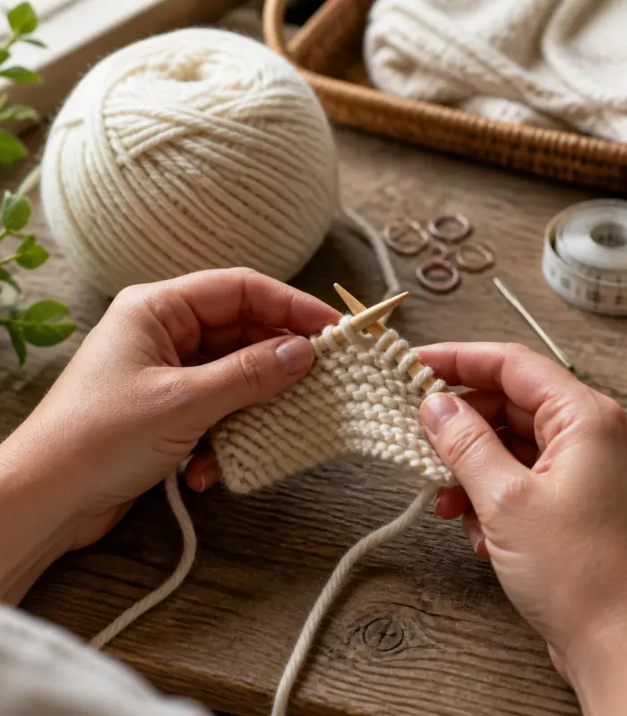 Beginner knitting workspace with bamboo needles and cream yarn