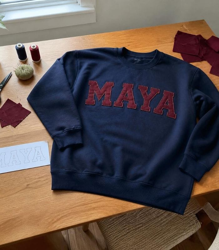 Reverse appliqué lettering on a navy sweatshirt
