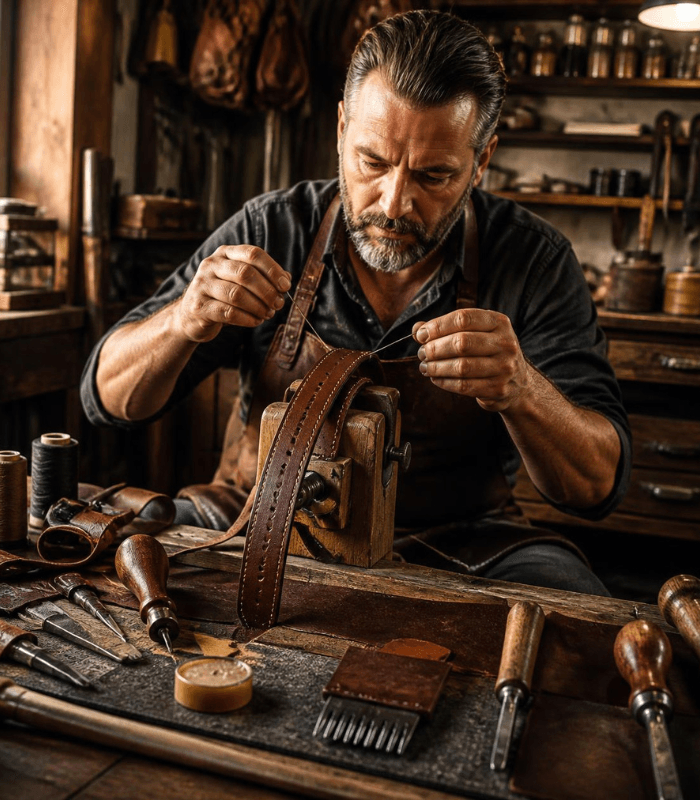 Traditional leather workshop with a skilled artisan