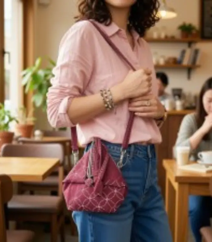 Woman carrying a handmade burgundy sashiko slide clasp purse while enjoying coffee at a cozy café
