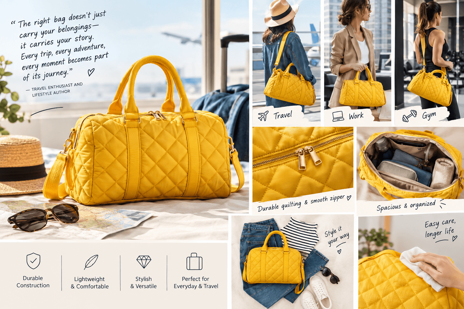 quilted mini yellow duffle bag