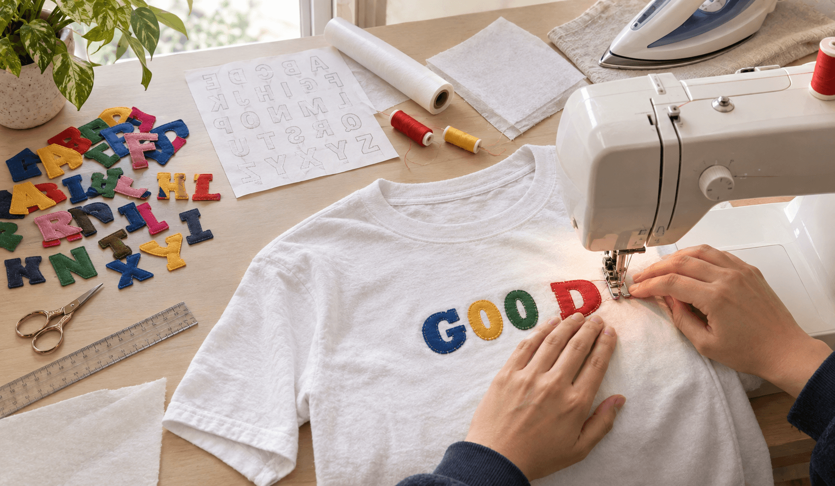 Sewing small appliqué letters onto a cotton shirt with a satin stitch