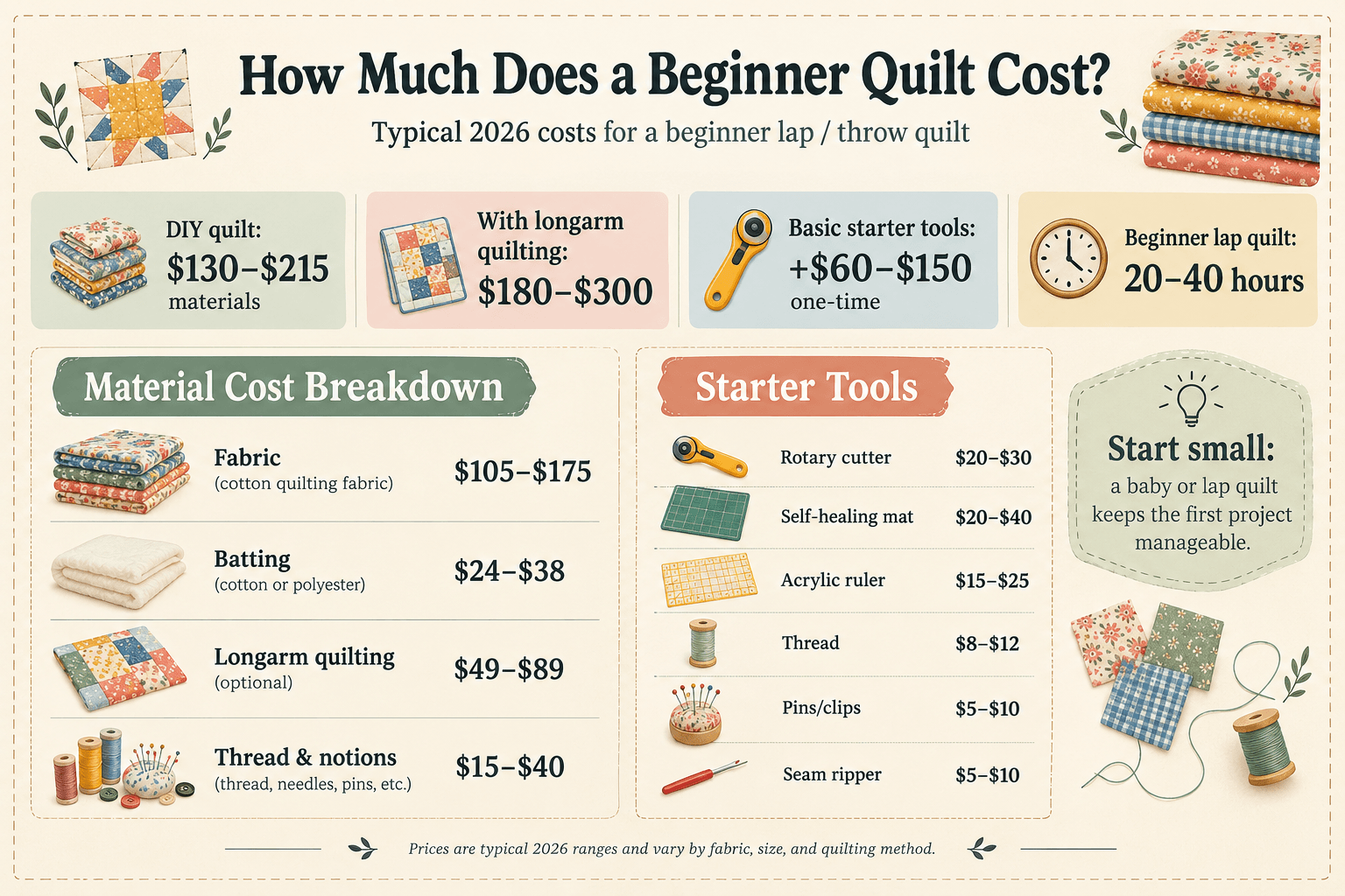 Beginner quilt cost infographic with materials, tools, and time estimates.
