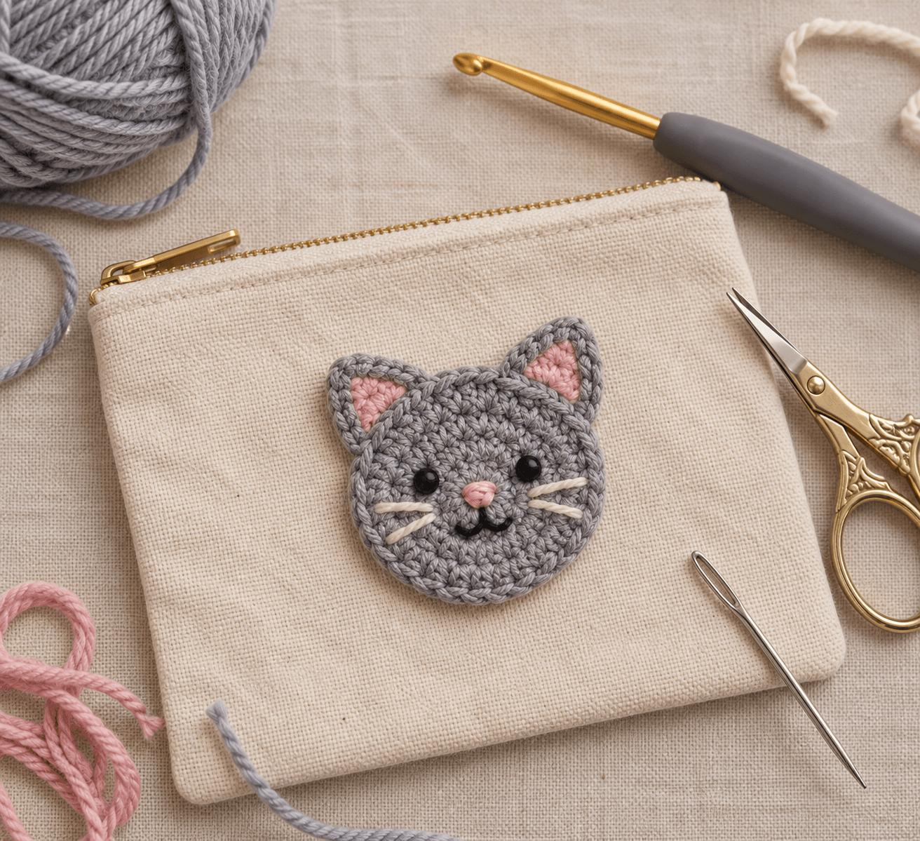 Crochet cat appliqué with small triangle ears and stitched whiskers