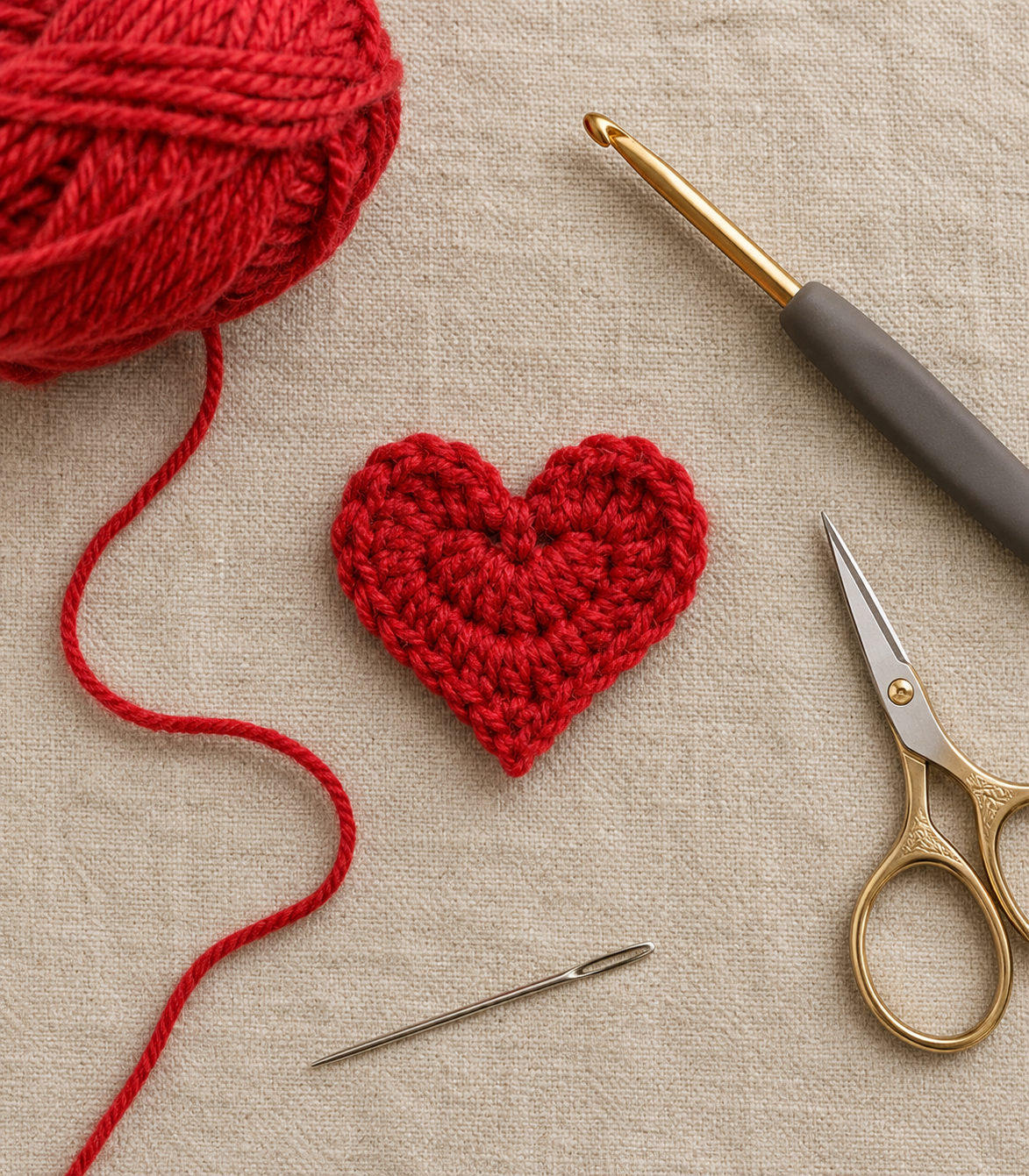 Red crochet heart appliqué with yarn and crochet hook.