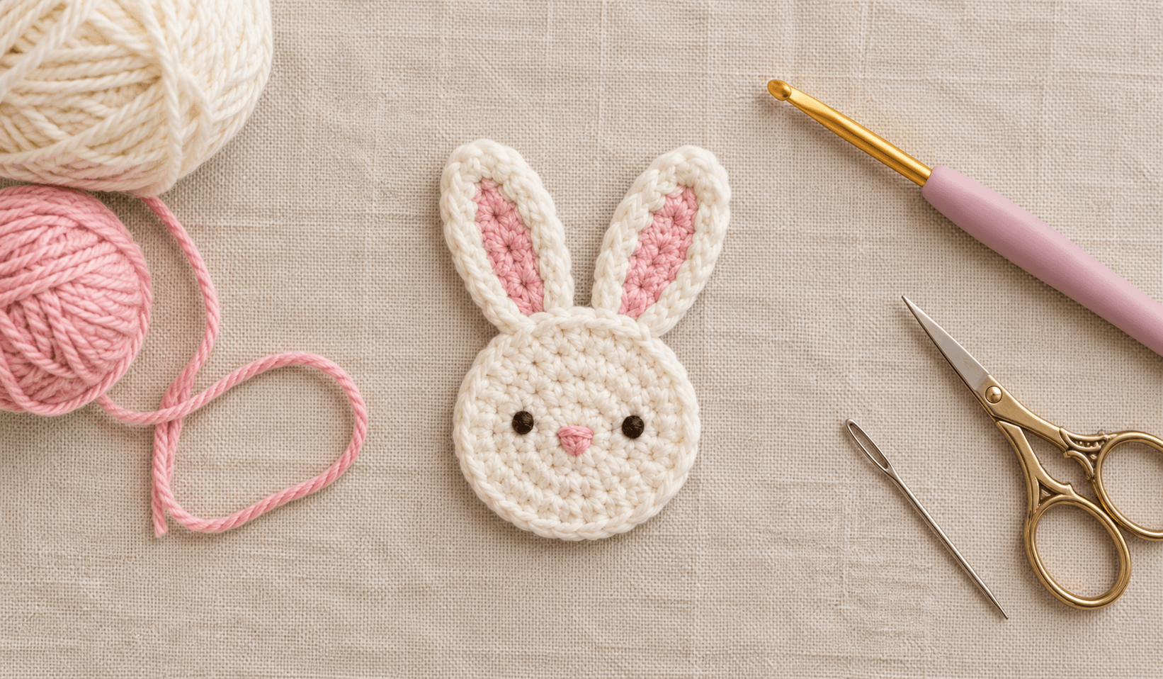 Crochet bunny appliqué with long ears and pink inner ears