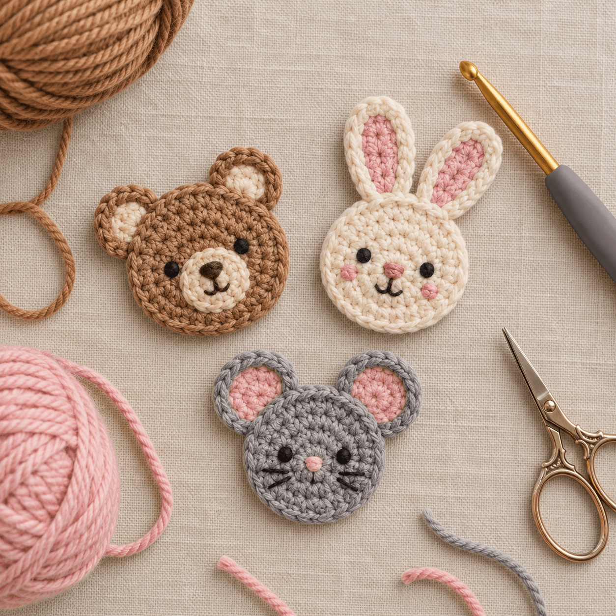 Crochet animal appliqués featuring a bear, bunny, and mouse